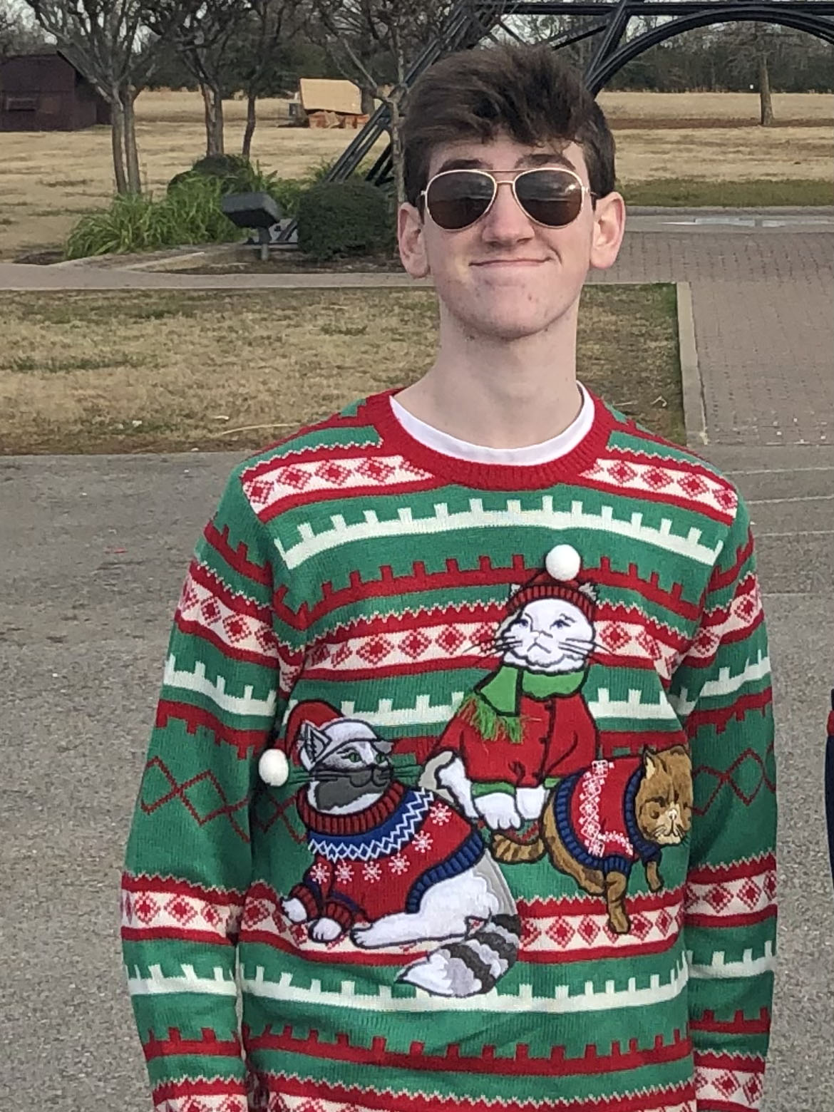 ryan wearing and ugly christmas sweater with cats